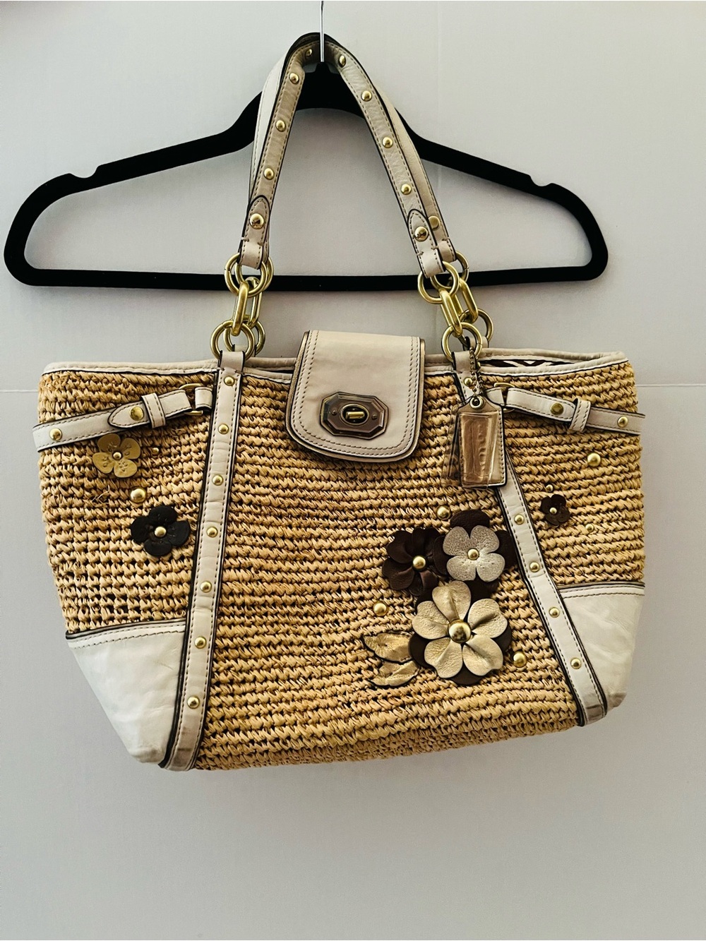 Coach Natural Straw Tote with White Leather Trim and Floral Appliqué